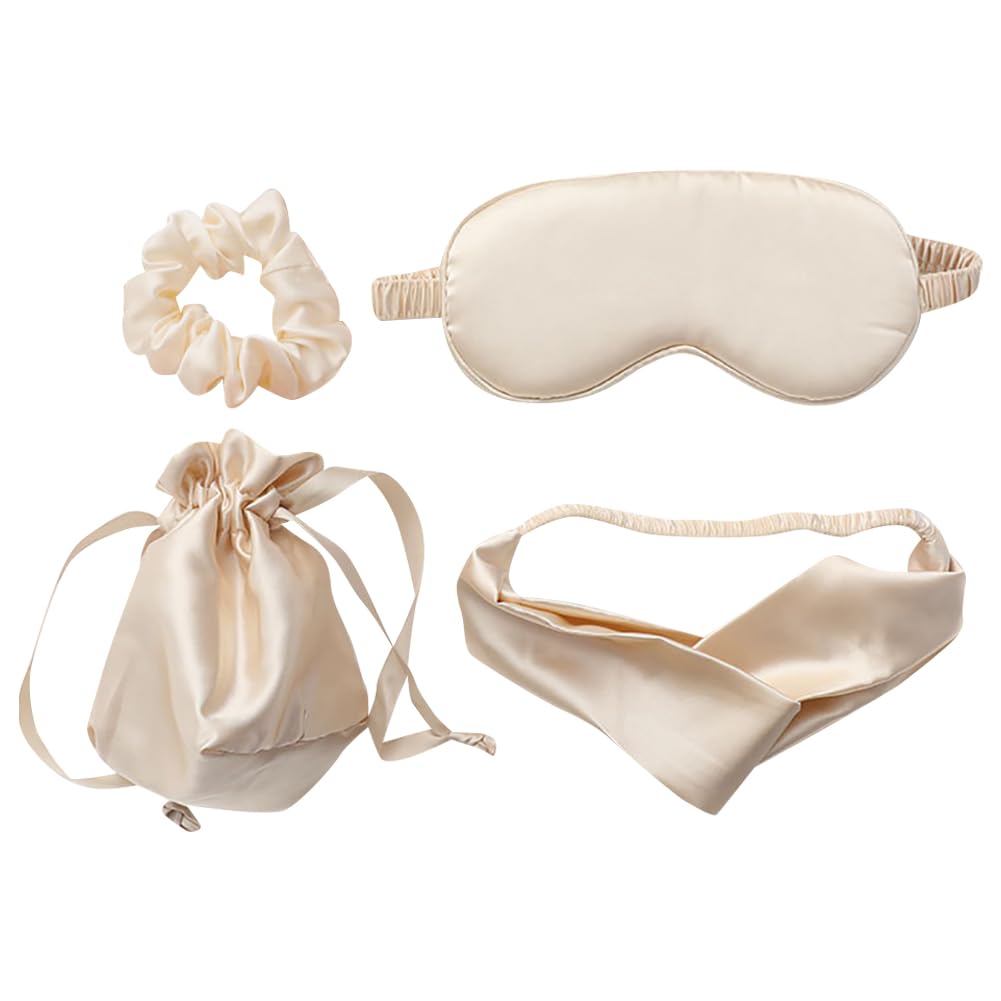 UUYYEO 4 Pcs Artificial Silk Sleep Masks Hair Scrunchies Headband and Pouches Soft Eye Mask Cover Stain Blackout Blindfold for Sleeping Wedding Bridesmaid Gifts Beige