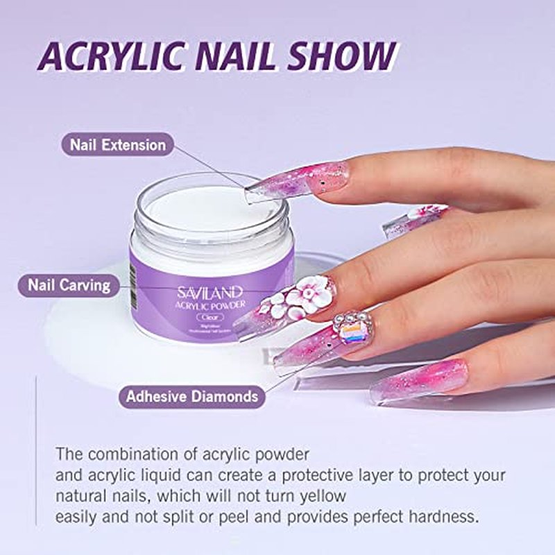 SAVILAND Acrylic Nail Kit – 30g Clear Acrylic Powder & 60ml Acrylic Liquid Set with Nail Brush Nail Forms Tools Extension Nail Kit for Beginners with Everything for Home DIY Salon Nails Application