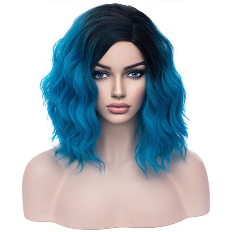 BERON Blue Ombre Wig for Women Girls Black Ombre Blue Short Curly Bob Wavy Wig Dark Roots Blue Color Heat Resistant Synthetic Body Cosplay or Daily Use Wigs