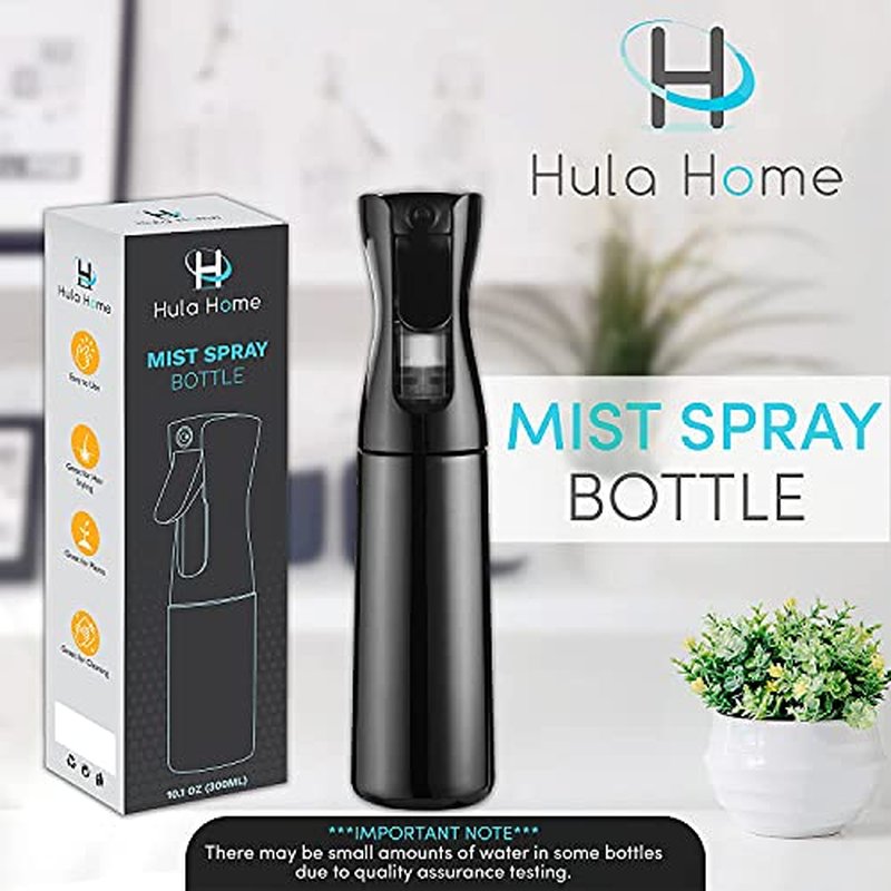 Hula Home Spray Bottle for Hair (10.1oz/300ml) - Powered by Flairosol® Spray Technology - Continuous Ultra Fine Mist Sprayer – For Hairstyling, Cleaning, Salons, Plants, Essential Oil & More - Black