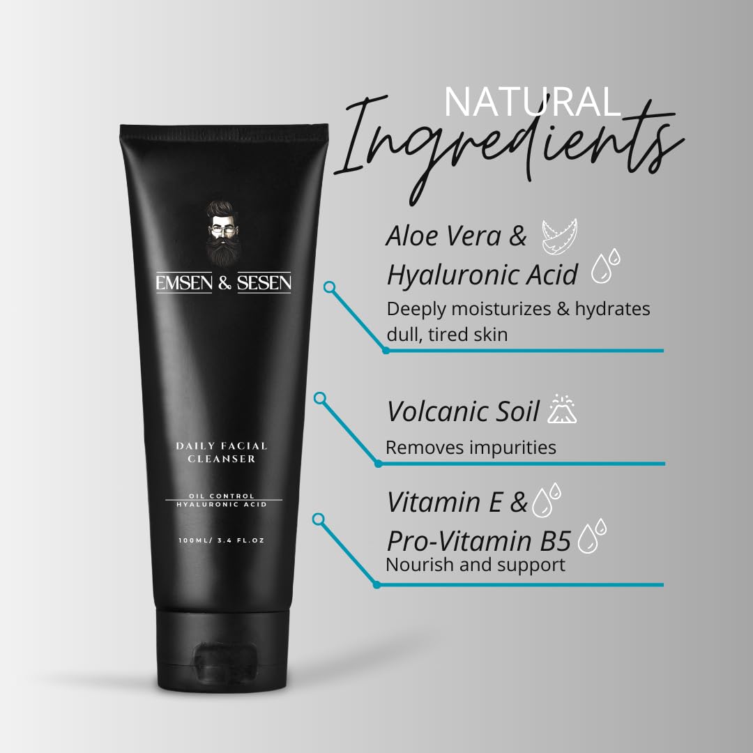 EMSEN & SESEN Mens Daily Facial Cleanser - Deep Cleansing & Hydrating Face Wash with Volcanic Soil, Aloe Vera, Hyaluronic Acid, Vitamin E & Chamomile