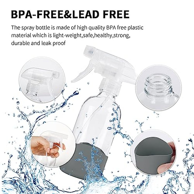HOMBYS 8 Oz Empty Clear Glass Spray Bottles with Silicone Sleeve Protection Refillable Containers for Cleaning Solutions, Essential Oils, Misting Plants - Quality Sprayer - 1 Pack Boston Bottles