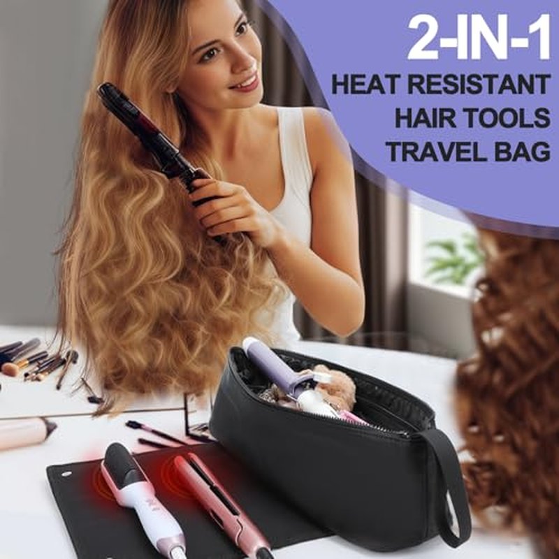 BAQRAXIA Travel Essentials Neoprene Hair Style Tools Bag w/Fireproof Mat for Flat or Curling Irons, Straighteners Accessories, Gifts for Women Mom Daughter Sister Friends for Birthday (Black-18INCH)