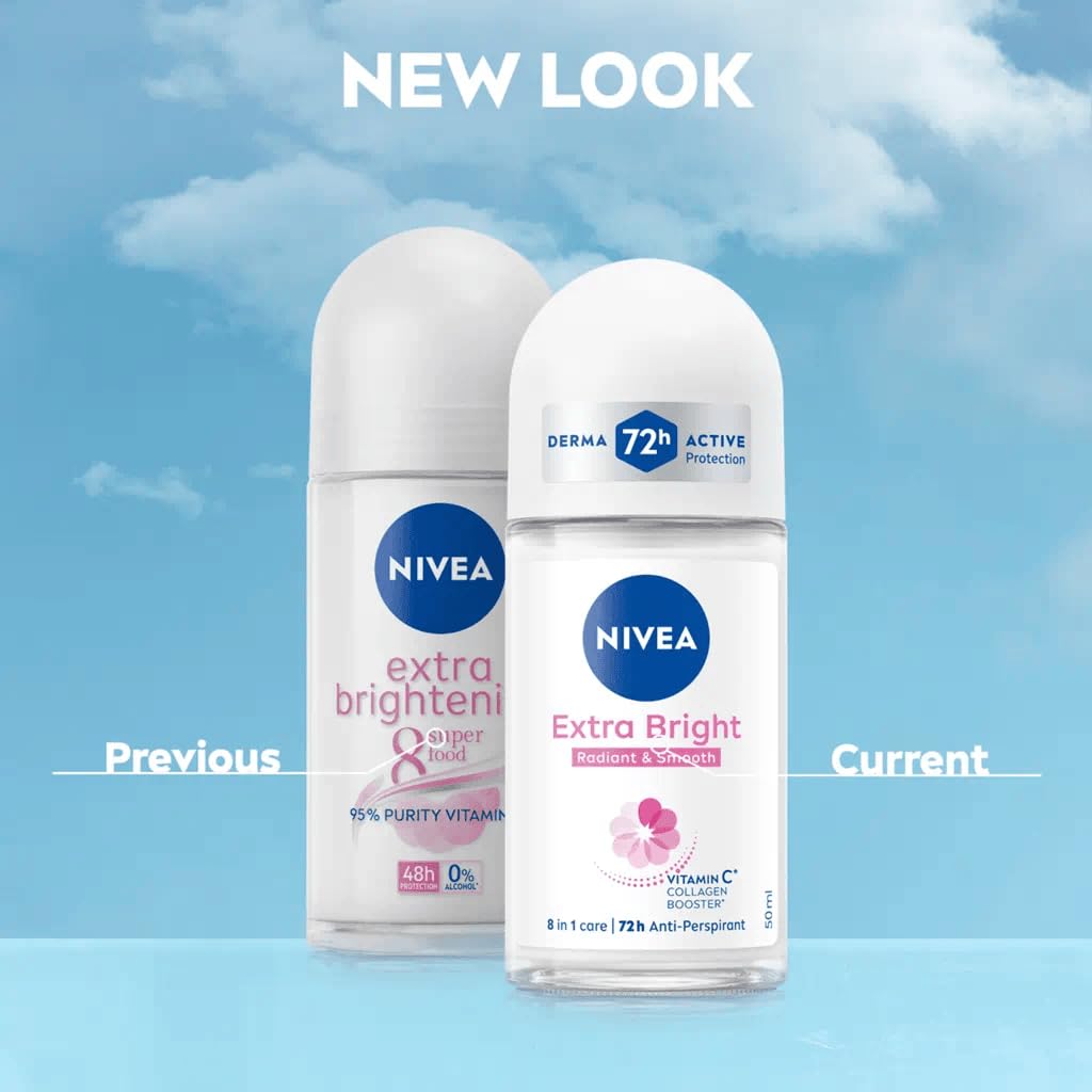 NIVEA Extra Bright 8 Super Food Vitamin C Collagen Booster Underarm Roll-On Deodorant, Alcohol-Free, 72HR Odor Protection, Smooth & Bright Skin, 50ml, 1.69oz, Pack of 2