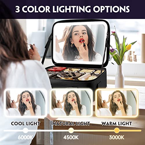 Smacen Large capacity Cosmetics Train Case with LED Lighted Mirror Rechargeable 3 Color Lights Adjustable Brightness Portable Makeup bag with Adjustable Dividers and Shoulder Straps (Black)
