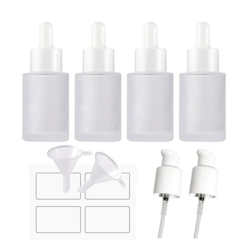 AGENIZ 4 Pack 1oz Glass Dropper Bottle,Clear Frosted Glass Dropper Bottles with 2 Funnels & 2 Lotion Pumps,30 ml Eye Dropper Bottles For Essential Oils,Serums,Lotion,Tincture Bottles (F-Clear frosted)