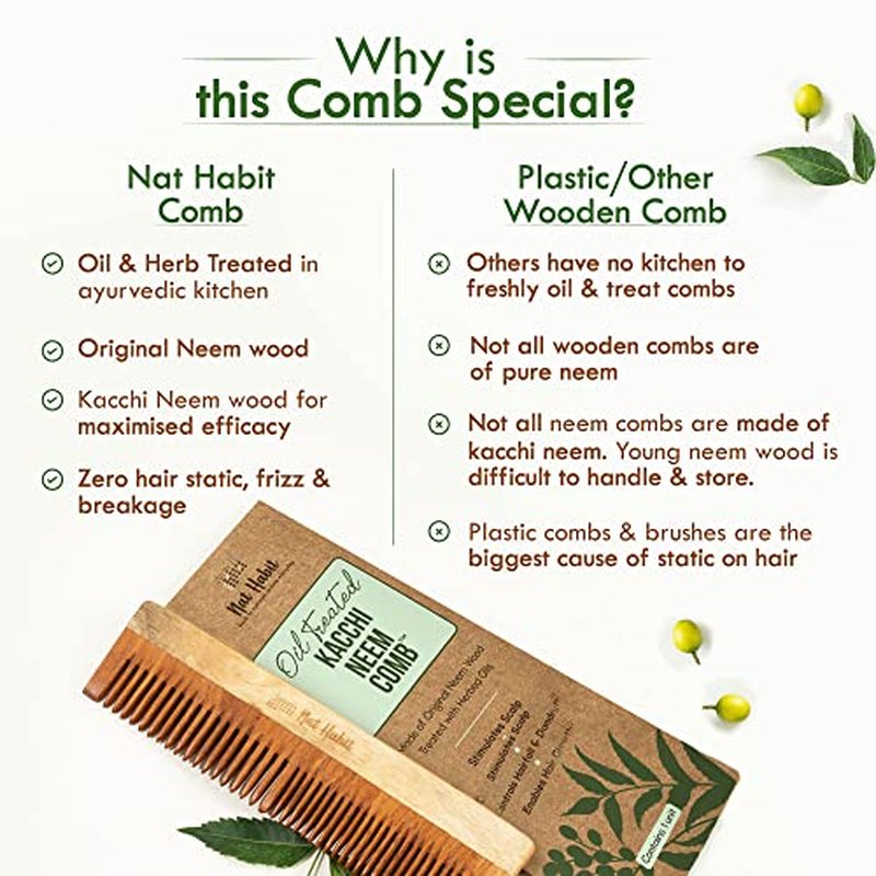Nat Habit - Back To Natural Secrets Everyday Kacchi Neem Comb Treated With Neem Oil, Bhringraj & 17 Herbs (Dual Tooth) 18-20Cm Length Brown