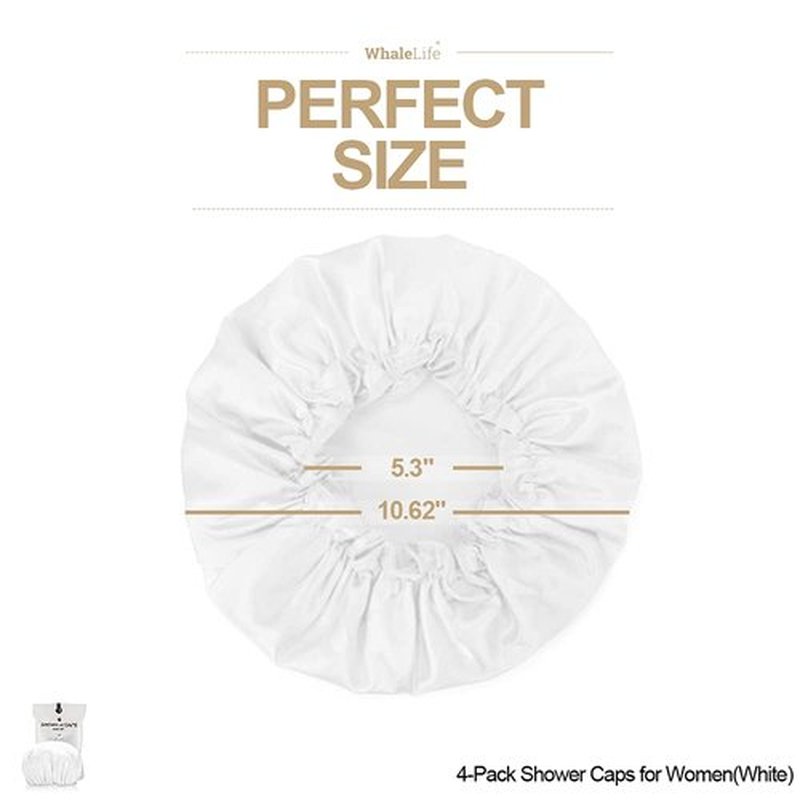 Shower Cap for Women Reusable Extra Large Shower Cap for Men (White 4 Pack Large) Satin Double Layer EVA Waterproof Long Hair Cap
