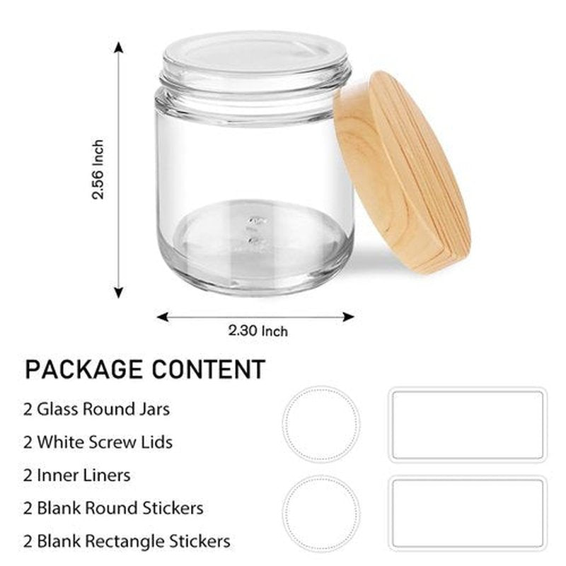 Small Glass Jars with Lids, 4 oz Glass Containers with Plastic Woodgrain Lids & Inner Liners, Reusable Travel Cosmetic Containers for Creams, Makeup, Lotion, Spice- 2 pack