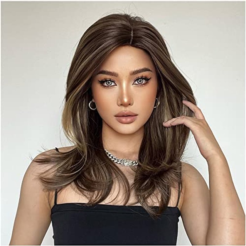 PATTNIUM Brown Blonde Wig for Women Long Wavy Brown Wigs Brown Mixed Blonde Wigs Shoulder Length Layered Wig Heat Resistant Synthetic Wig with Wig Cap(Brown Mixed Blonde)