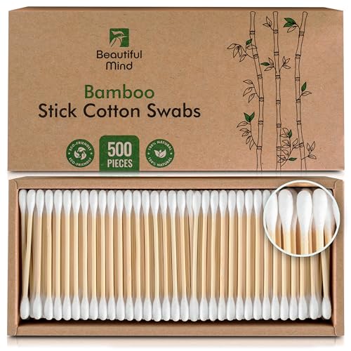 Beautiful Mind Bamboo Cotton Swabs for Ears – 500 Pack – Carbonized Bamboo Ear Swabs for Durability with Long Qtips – Eco-Friendly, Biodegradable & Vegan – 100% Organic Cotton Swabs for Makeup