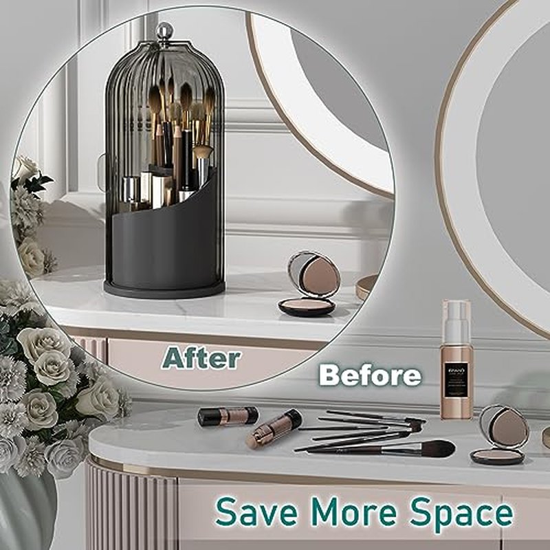 GAXmi Makeup Brush Holder with Lid Cosmetic Tools Organizer 360 Rotating Waterproof Dustproof Makeup Brushes Storage for Vanity, Black-Grey