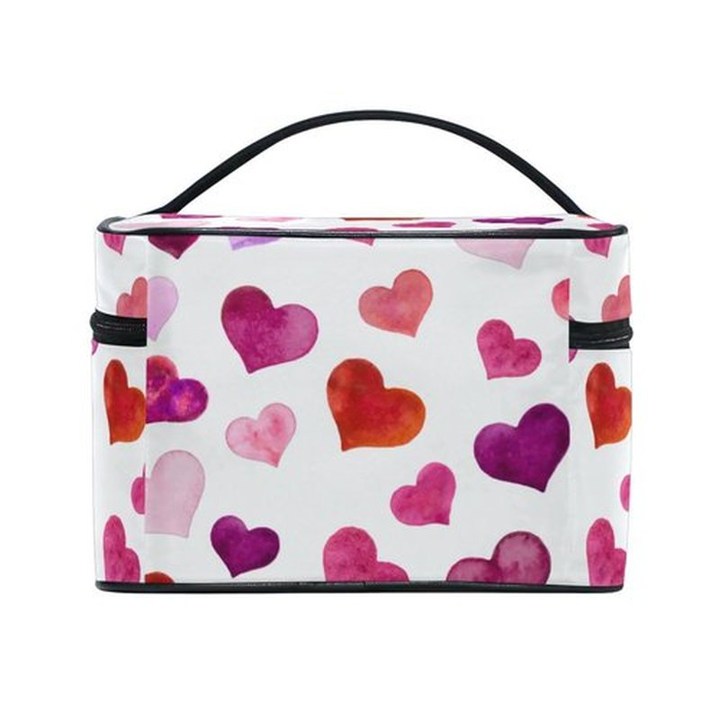 Valentine's Day Cosmetic Bag Hearts Valentine's Day Travel Makeup Organizer Bag Portable Train Case for Women Girls