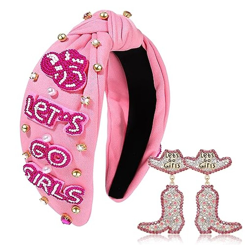 NVENF Western Knotted Headband, Hot Pink - Cowgirl Headbands with Rhinestone Crystal Knotted Headbands, Cowboy Boot Beads Embellished Headbands, Western Accessories for Women
