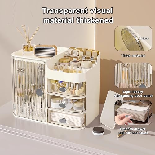 DASITON Makeup Organizer for Vanity,Large Capacity Makeup Storage Organizer with 3-Layer Drawers and Mirror,Cosmetics Display Case Make up Organizers for Vanity,Bedroom,Countertop(Clear-Cream)