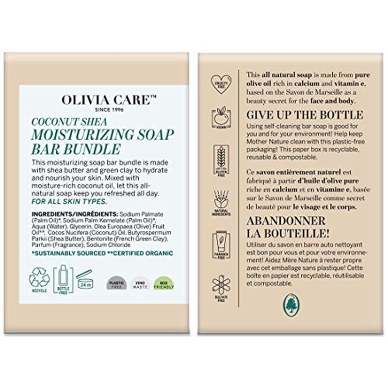 Olivia Care Moisturizing Bar Soap Pack by Natural & Organic Infused with Coconut, Shea Butter & Green ClayDeep Clean, Refreshing, Moisturizing & Hydrating, Coconut Shea, 3 Count (Pack of 3)