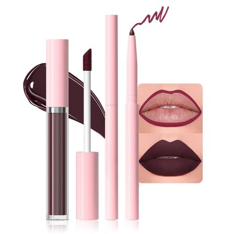 JUAAZIN 2pcs Rich Plum Matte Lip Liner and Lipstick Makeup Set, Vegan Lipstick Lip Liner and Gloss Set Lip Stain Long Lasting Waterproof Smudge-Proof Properties Non-stick Cup(Rich Plum 11#)