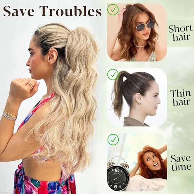 ALXNAN Ponytail Extension,24 Inch Claw Ponytail Hair Extensions for Women，Claw Clip in Long Wavy Synthetic Mixed Blonde Ponytail Extension for Daily Use.