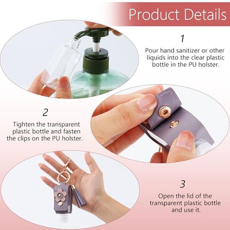 GTILE 4Pcs Hand Sanitizer Keychain, Portable Leather Empty Bottles, 30ml Squeeze Bottle Refillable Containers, Cute Hand Sanitizer for Toiletry Lotion Liquid Soap Shampoo (Pink, Blue, Purple, Yellow)