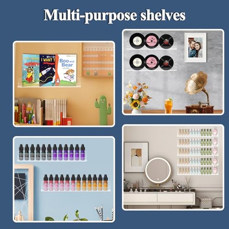 SOVQUEST Nail Polish Shelf Wall 15 Inch Acrylic Clear Rack Sunglass Organizer Multi-Purpose Floating Shelves for Beauty Salons Retailer Dressing Room (9 PCs)