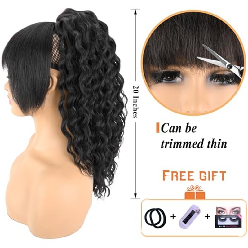 Rafabcici Ponytail Extension with Bangs,Yaki Curly Drawstring Ponytail Extension for Women 20 Inch Long Wavy Layered Pony Tails Hair Extensions Synthetic Clip in Ponytail Hairpiece for Women(BUG)