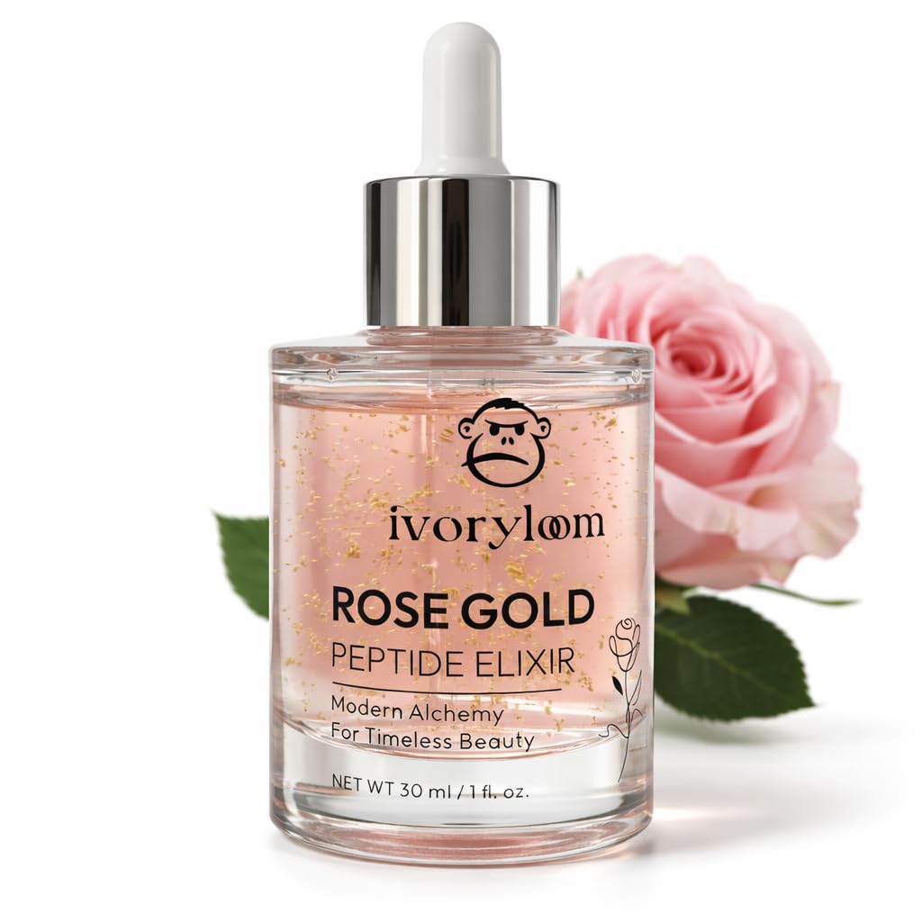 ivoryloom Rose Gold Peptide Elixir Face Serum | 24K Gold, Rose Extract, Peptides, Hyaluronic Acid, Vitamin C & Niacinamide | Luxury Hydrating Brightening Serum for Radiant Skin | 1 fl oz
