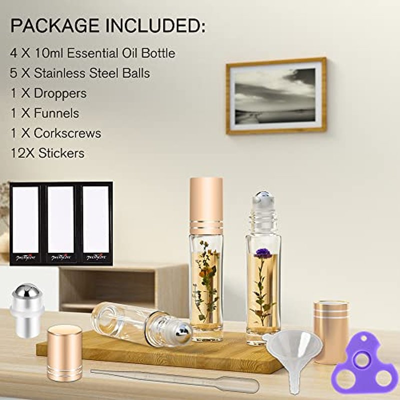 PrettyCare Essential oil Roller Bottles for Oils 10ml Glass Clear Perfume Bottles Empty with Extra Roller Balls, Opener, Funnel, Pipette, Labels, 4pack Roll on Bottles