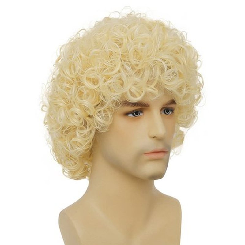 Dai Cloud Mens Curly Light Blonde Afro Wig Short Fluffy Rocker Wigs Cosplay Costume Daily Hair Wig for Male Guys