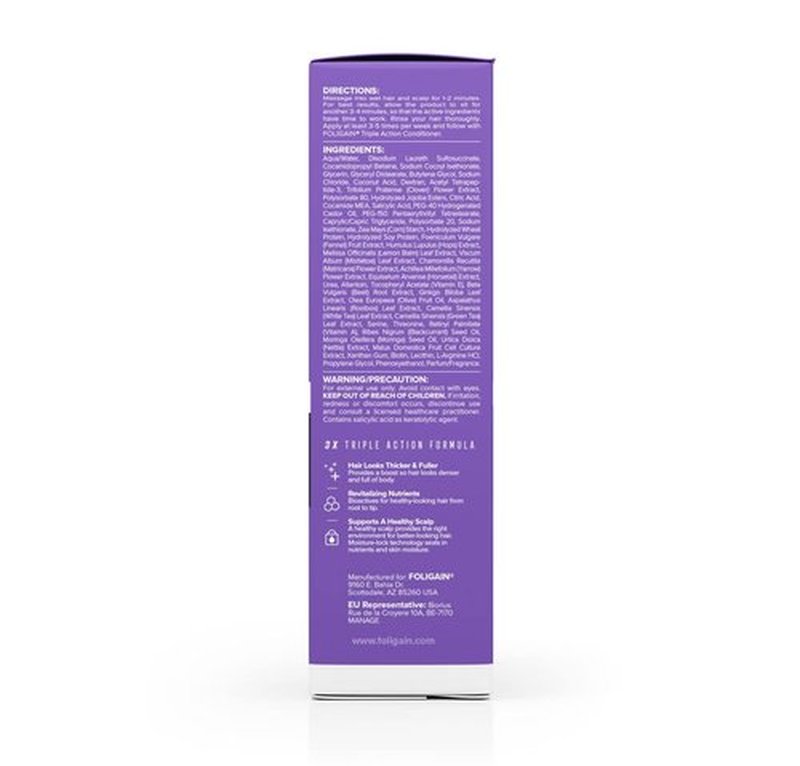Foligain Triple Action Shampoo For Thinning Hair, Women’s Volumizing Shampoo with 2% Trioxidil, 8 Fl. Oz. (WRGroup)