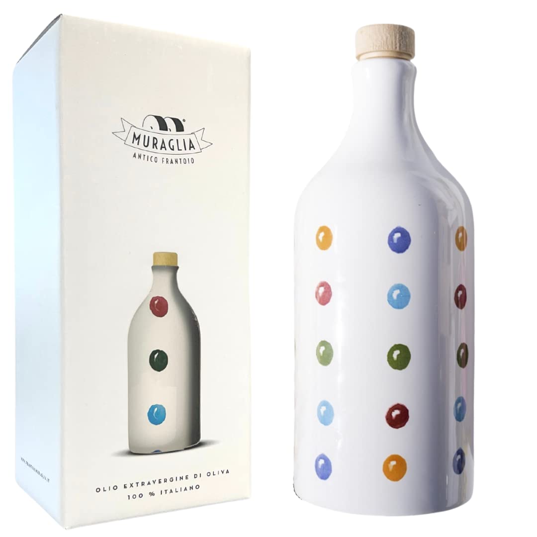 Antico Frantoio Muraglia Intense Fruity Extra Virgin Olive Oil from Apulia | Premium Polyphenol Rich EVOO | Early Harvest First Cold Pressed | DOTS Collectible Handmade Ceramic Bottle with Beautiful Gift Box | 16.9 Fl.oz (500 ml) | Imported from Italy