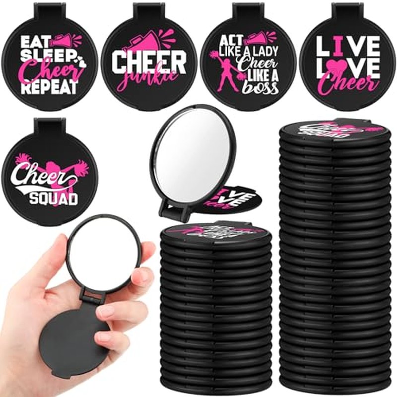 Wenqik 50 Pcs Cheerleader Mirror Gifts Cheerleading Compact Mirror Bulk Folding Pocket Mirror Cheer Party Favors for Team(Black Pink Cheer)
