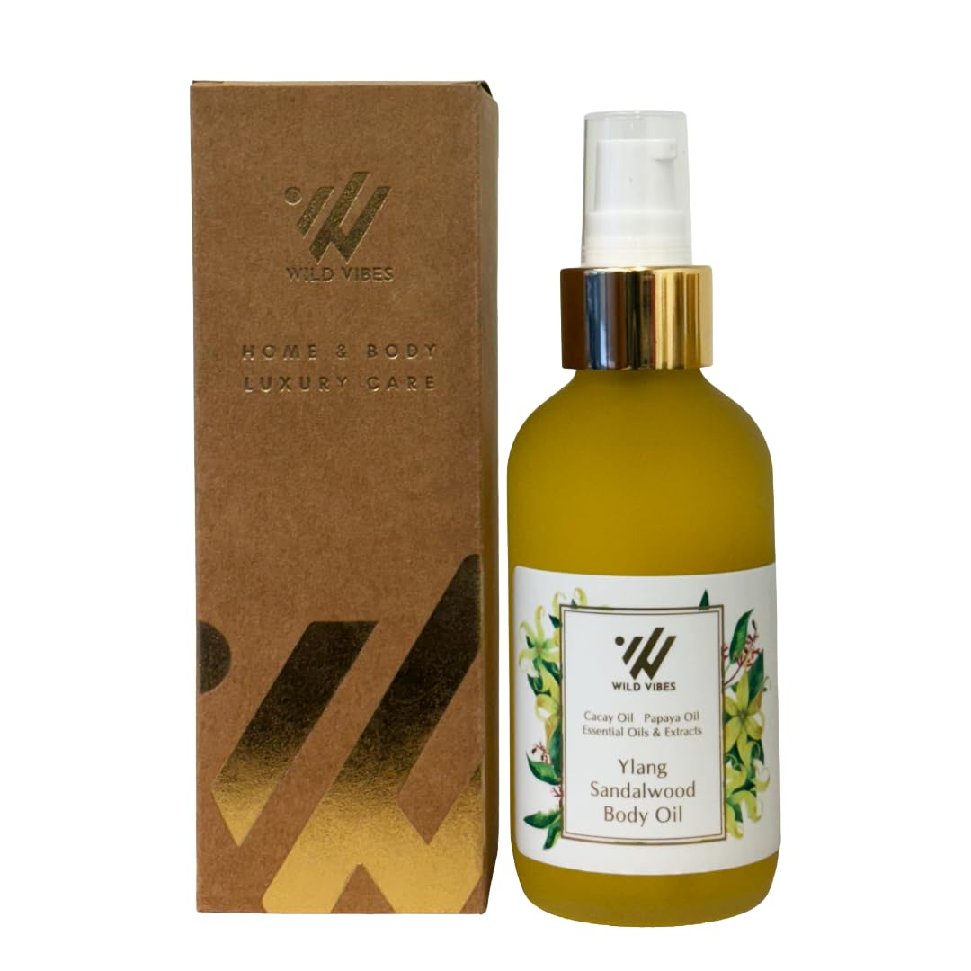Wild Vibes Ylang Sandalwood + Amber Body & Massage Oil - Hydrating Jojoba, Papaya Seed Oil, Vitamin E, Lupine Seed Extract for Collagen production – Nourishing Oil for all skin types 4oz