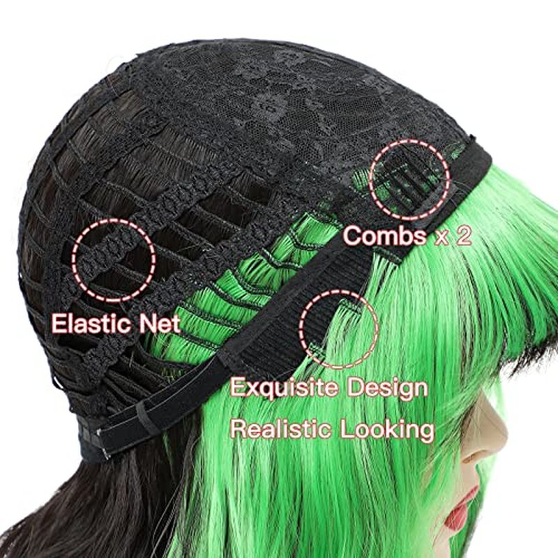Black Wavy Bob Wig with Green Highlight, Short Wavy Wig with Bangs Highlight Bob Wig Black and Green Synthetic Wig for Women Cosplay Halloween Party Use 14 Inches(HL Green)