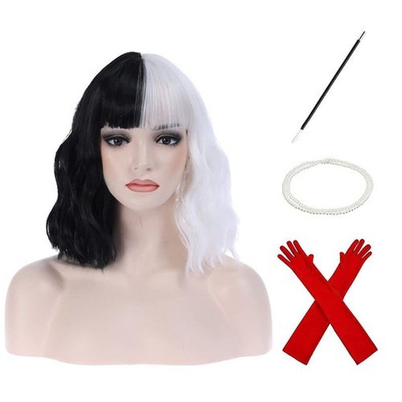 MAGQOO Half Black White Wig with Bangs Women Girls Short Curly Wavy Bob Wig Black White Hair Wigs Halloween Cosplay Costume Party Wig (Half Black White)