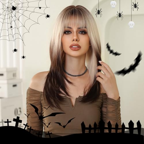 testar Ombre Blonde Black Wigs for Women Long Layered Straight Wigs With Bangs Heat Resistant Fiber Synthetic Wigs for Party/Halloween Use