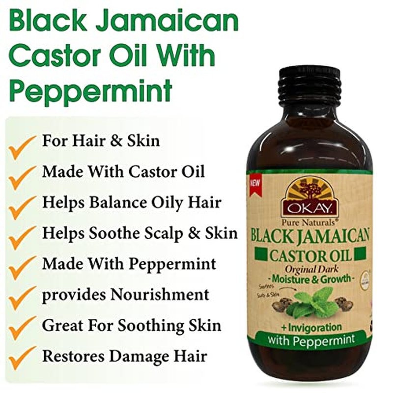 OKAY Pure Naturals Black Jamaican Castor Oil - Castor Oil for Hair Growth, Moisture for Skin, Face, Scalp, Eyelashes, Eyebrows - Hair Oil for Men & Women - Peppermint, 4 oz Glass Bottle