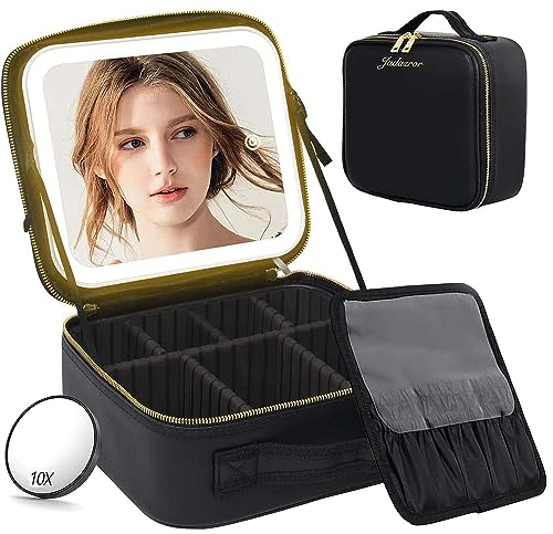 Jadazror Lighted Travel Makeup Bag - 3 Colors, Mirror, 2-Layer Organizer with 10X Magnifying Mirror - Portable Cosmetic Case with Adjustable Dividers (Black)