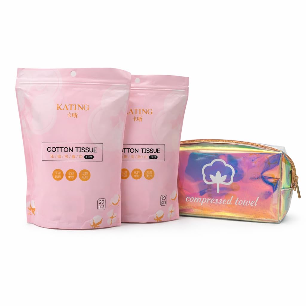 KATING Compressed Towel Tablets, 40 Count (2-Pack x 20), Individually Wrapped, Just Add Water—Expands in Seconds, Portable travel towels, Packaged in a Reusable Travel Pouch