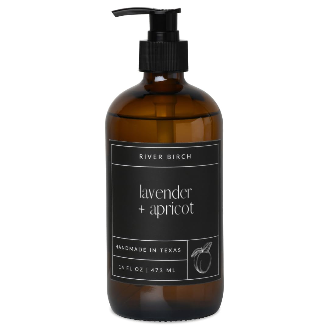 River Birch Lavender + Apricot Scented Natural Hand Soap - Handmade Soap - Moisturizing Hand Wash with Amber Glass Dispenser - Luxury Scented Hydrating Hand Soap - Vegan and Non-Toxic - 16 Fl Oz