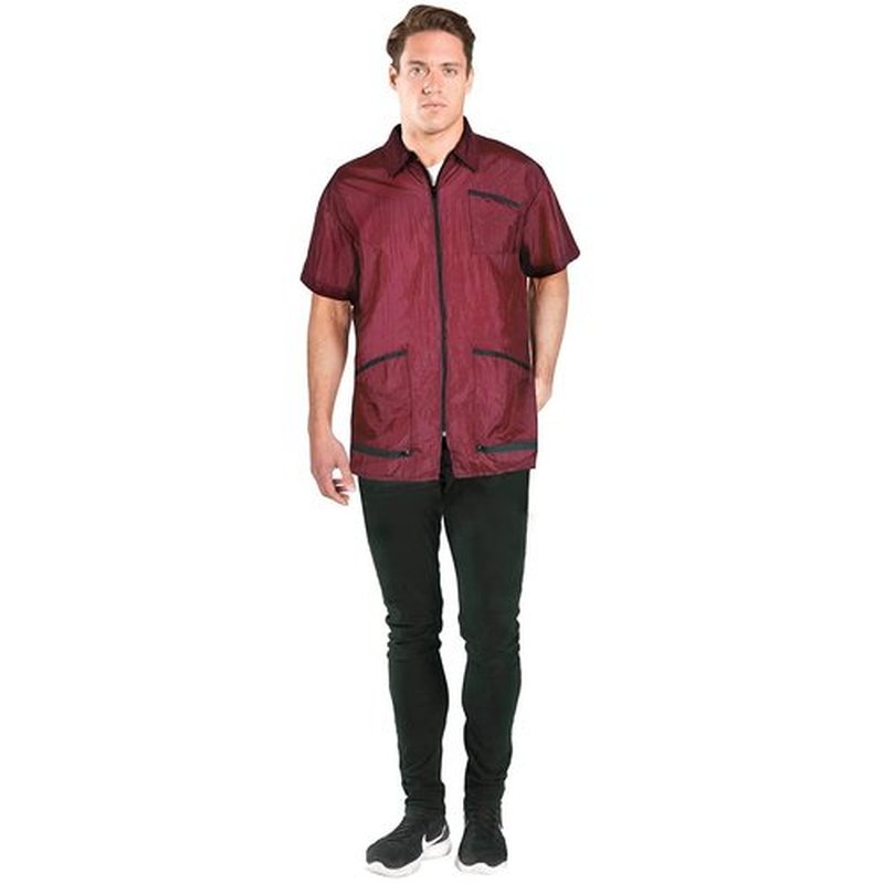 Betty Dain Premier Barber Jacket, Soft, Lightweight, Water Resistant Nylon Repels Hair, Zippered Front, Two Angled Lower Pockets with Zippered Bottoms, Angled Chest Pocket, Burgundy, 3X