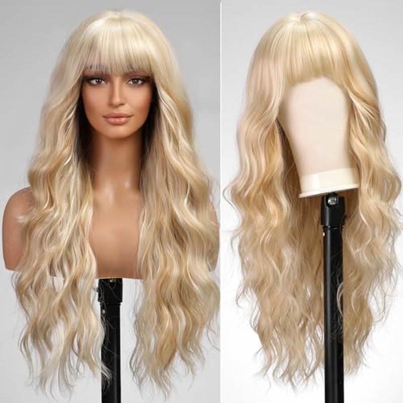 KOME Natural Brown Wigs with Bangs,Brown Long Wavy Wig for Women,Long Curly Wigs Dark Roots Synthetic Hair Wig for Party Daily Use 24IN