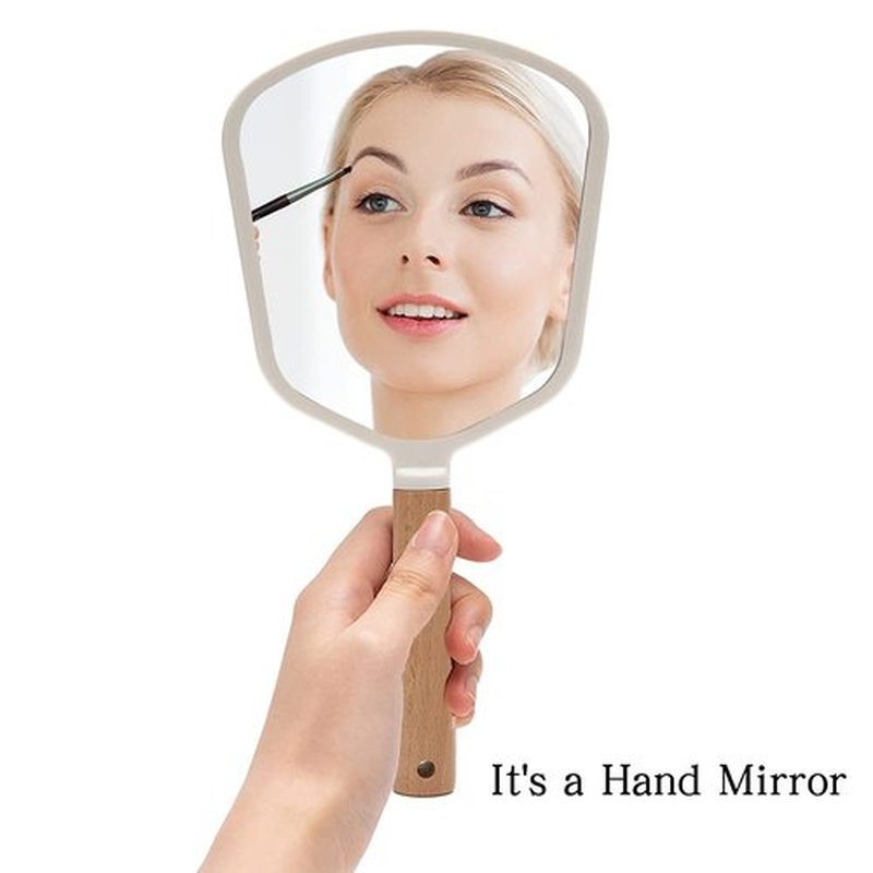 YEAKE Hand Held Mirror with Handle for Makeup,Small Cute Wood Hand Mirror for Shaving with Hole Hanging Single-Sided Portable Travel Vanity Mirror for Men&Women(Fanshape)