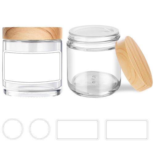 Small Glass Jars with Lids, 4 oz Glass Containers with Plastic Woodgrain Lids & Inner Liners, Reusable Travel Cosmetic Containers for Creams, Makeup, Lotion, Spice- 2 pack