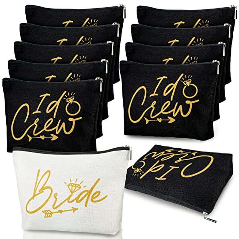 11 Pieces Wedding Makeup Bags Bridal Shower Cosmetic Bag Bachelorette Party Canvas Makeup Bags Bride I Do Crew Bridesmaid Proposal Gifts for Women (White, Black)