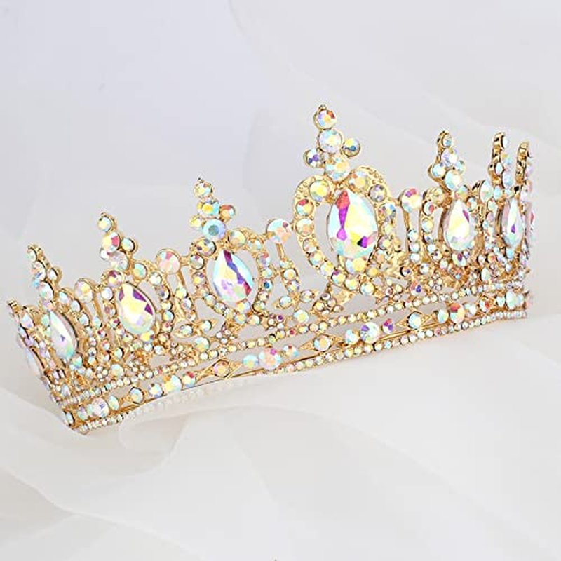 COCIDE Gold Queen Crown for Women Crystal Tiara and Crown for Girl Rhinestones Hair Accessories for Wedding Bride Birthday Party Prom Bridal Bridesmaid (Aurora Borealis + Gold Tiara)