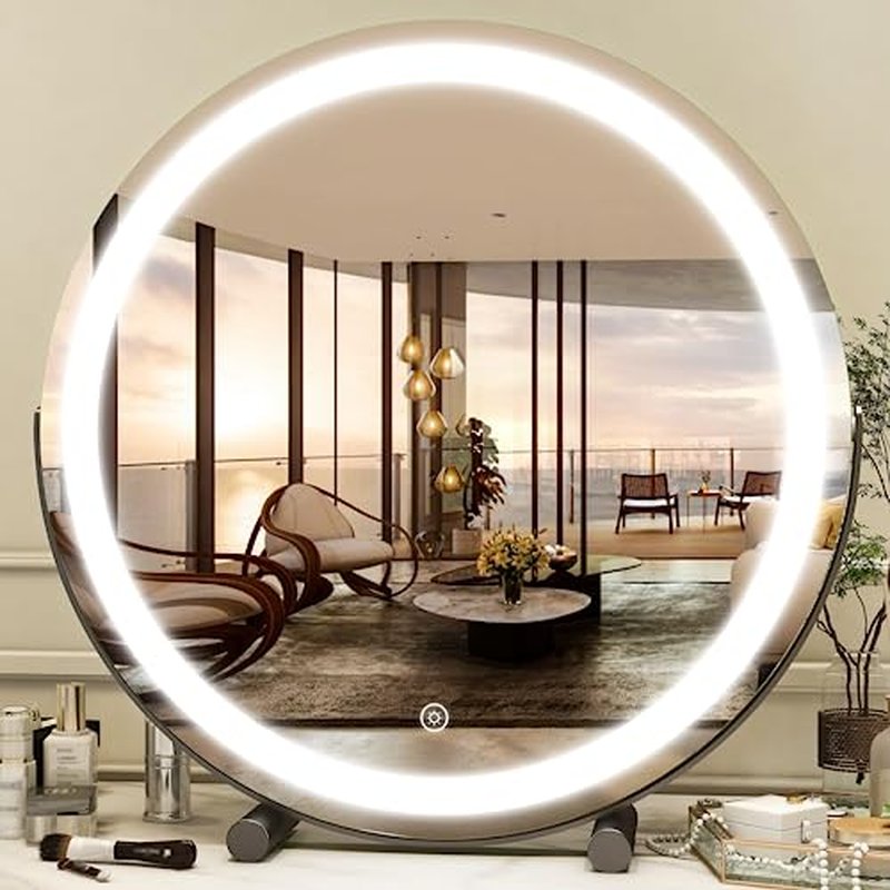 ROLOVE 18 Inch LED Vanity Makeup Mirror with Lights, Smart Touch Control, Dimmable Round Mirror, Tabletop and Desk Mirror, 360 Rotation, Black