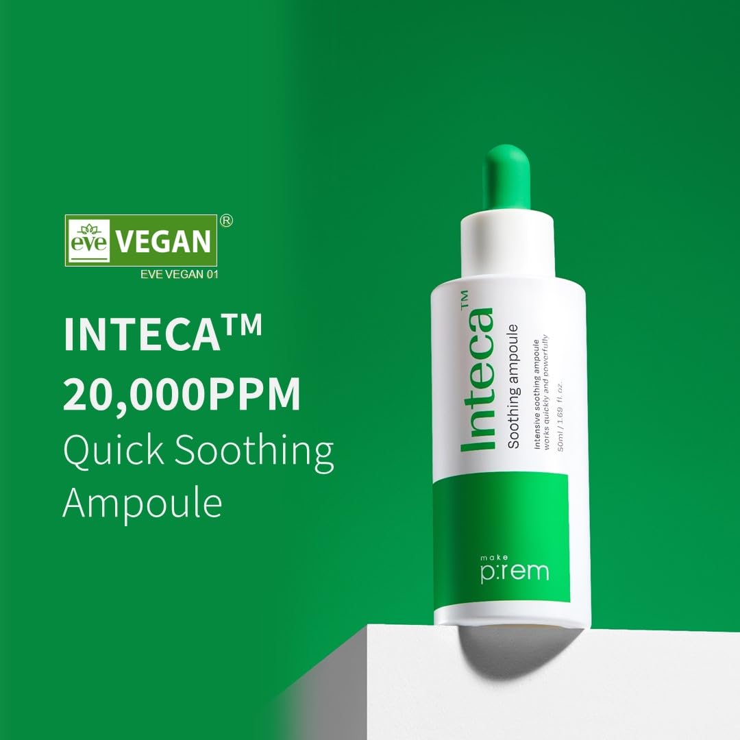 MAKE P:REM INTECA Soothing Ampoule, Intensive Calming and Moisturizing Serum with Advanced CICA, EVE VEGAN, Korean Skin Care, 1.69 Fl Oz, 50ml