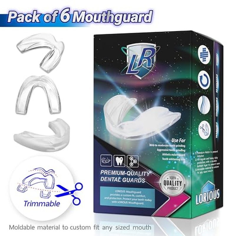 LORIOUS Mouthguard - 3 Different Sizes Premium Set of 6 BPA Free Moldable, Customizable, Trimmable Dental Grade Mouth Guard for Grinding Teeth Clenching Bruxism, Dental Night Guards for Teeth Grinding