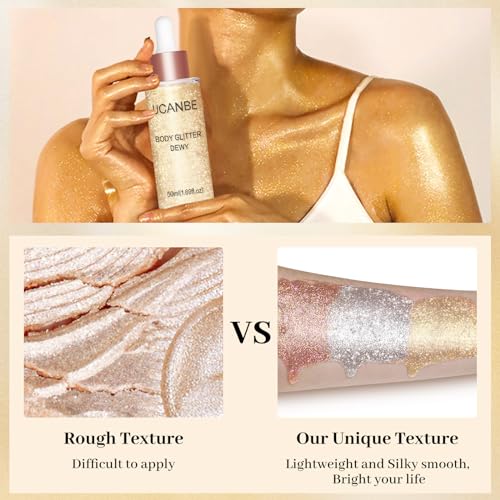 UCANBE Face Body Glitter Liquid Highlighter Illuminator Dewy Drops with Makeup Brush, Makeup Sparkle Shine Luminizer Enhancer Skin Tint 50ml/1.69oz (01 Champagne Gold, Standard)
