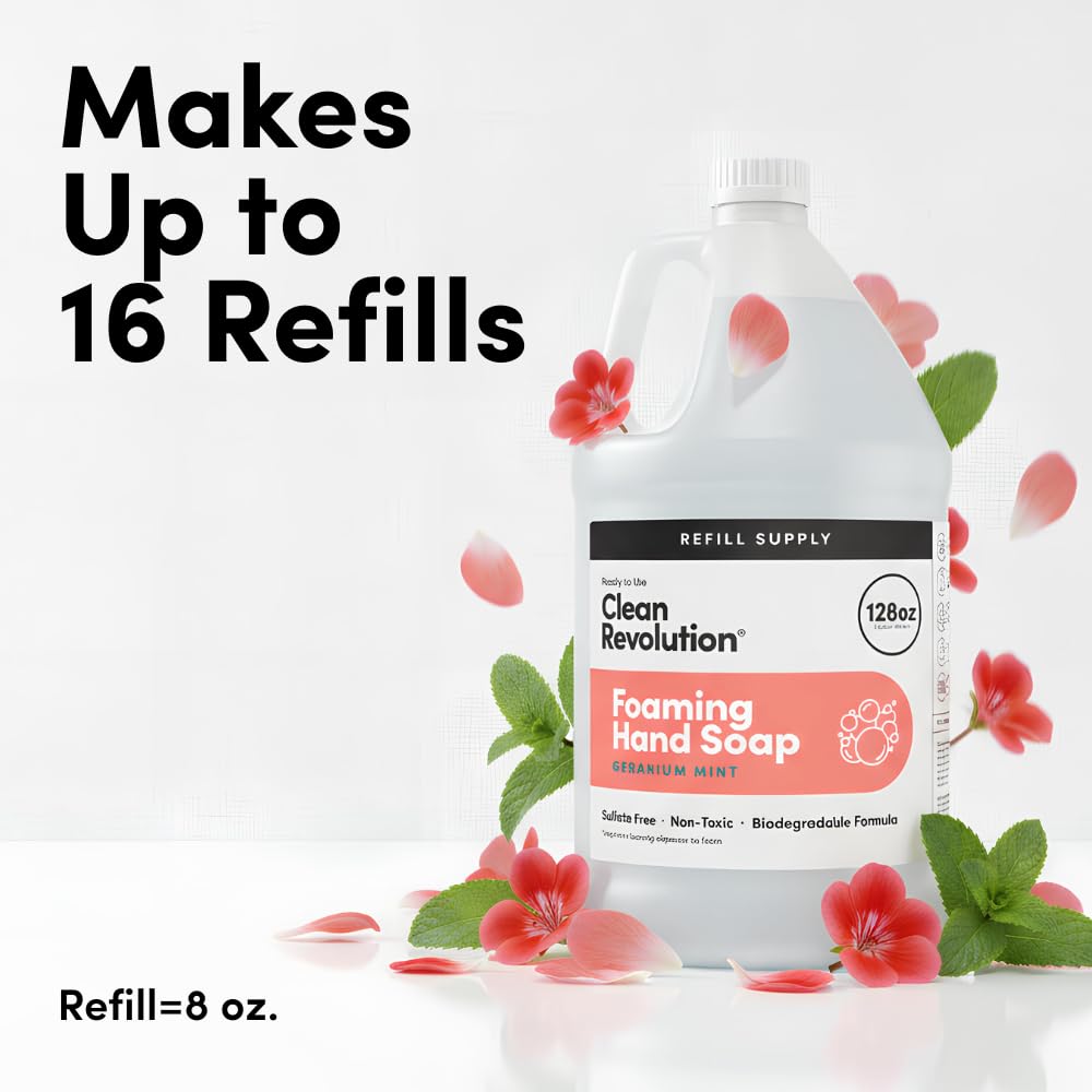 Clean Revolution Foaming Hand Soap Refill with Real Essential Oils, Moisturizing Sulfate-Free Hand Soap, Ready-to-Use Foam Soap Refill for Kitchen & Bathroom (Geranium Mint) 128 Fl Oz